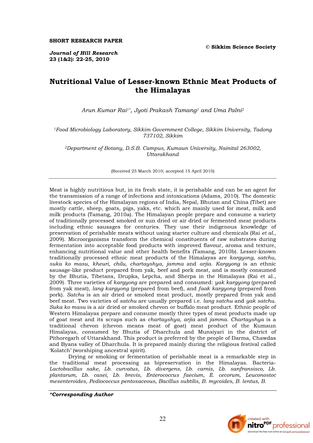 Nutritional Value of Lesser-Known Ethnic Meat Products of the Himalayas