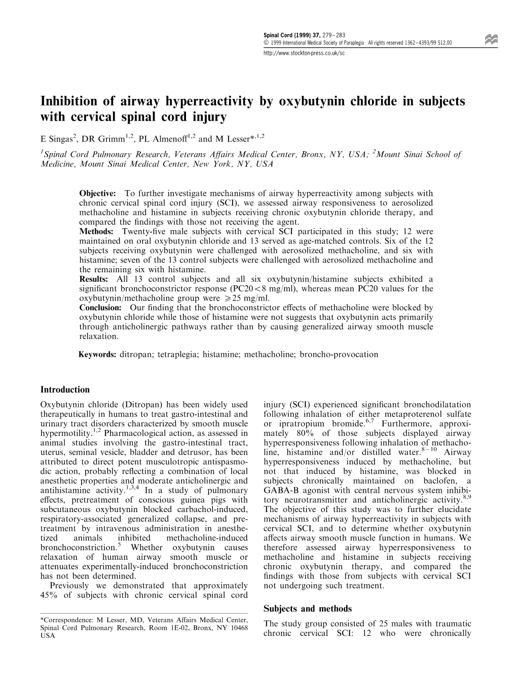 Inhibition of Airway Hyperreactivity by Oxybutynin Chloride in Subjects with Cervical Spinal Cord Injury