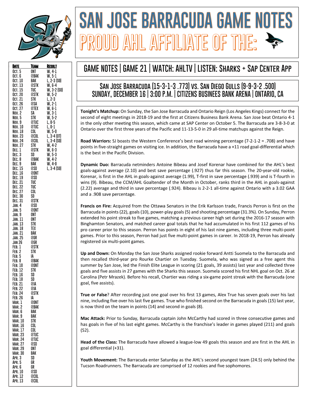 GAME NOTES | GAME 21 | WATCH: AHLTV | LISTEN: Sharks + Sap Center App Oct