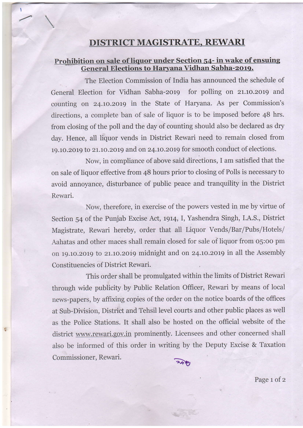 General Election for Vidhan Sabha-Zorg for Polling on Zr.Ro.Zorg and on 19.10.2019 to Zr.Ro.Zoig Midnight and on 24.Lo.2Org in A