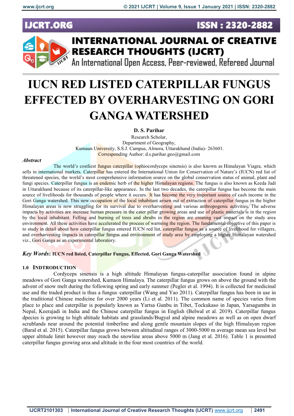 Iucn Red Listed Caterpillar Fungus Effected by Overharvesting on Gori Ganga Watershed