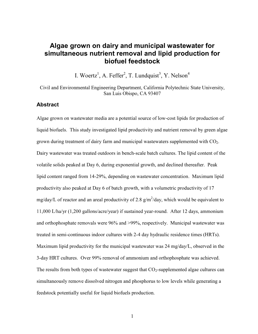 Algae Grown on Dairy and Municipal Wastewater for Simultaneous Nutrient Removal and Lipid Production for Biofuel Feedstock