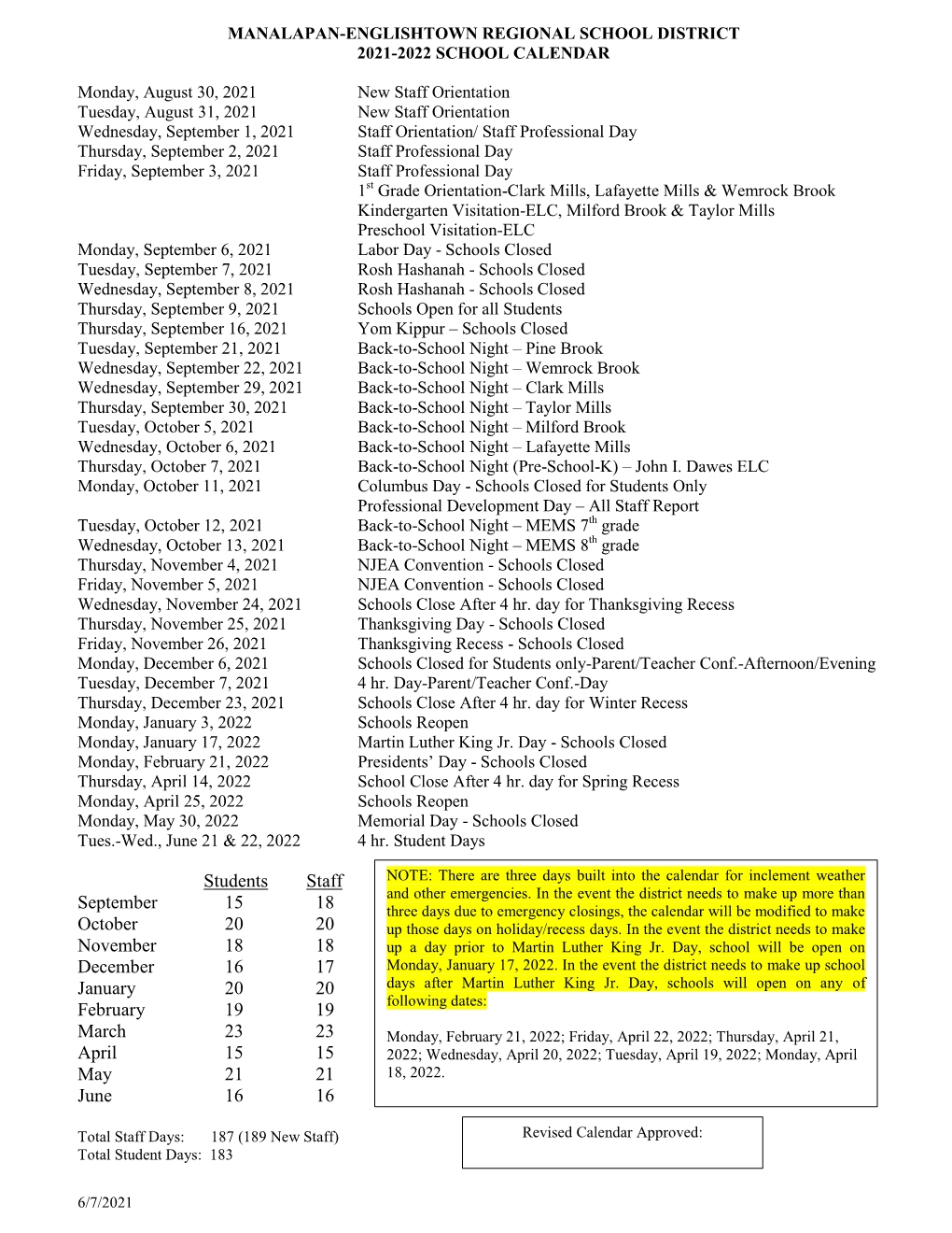 Students Staff September 15 18 October 20 20 November 18 18 December 16 17 January 20 20 February 19 19 March 23 23 April