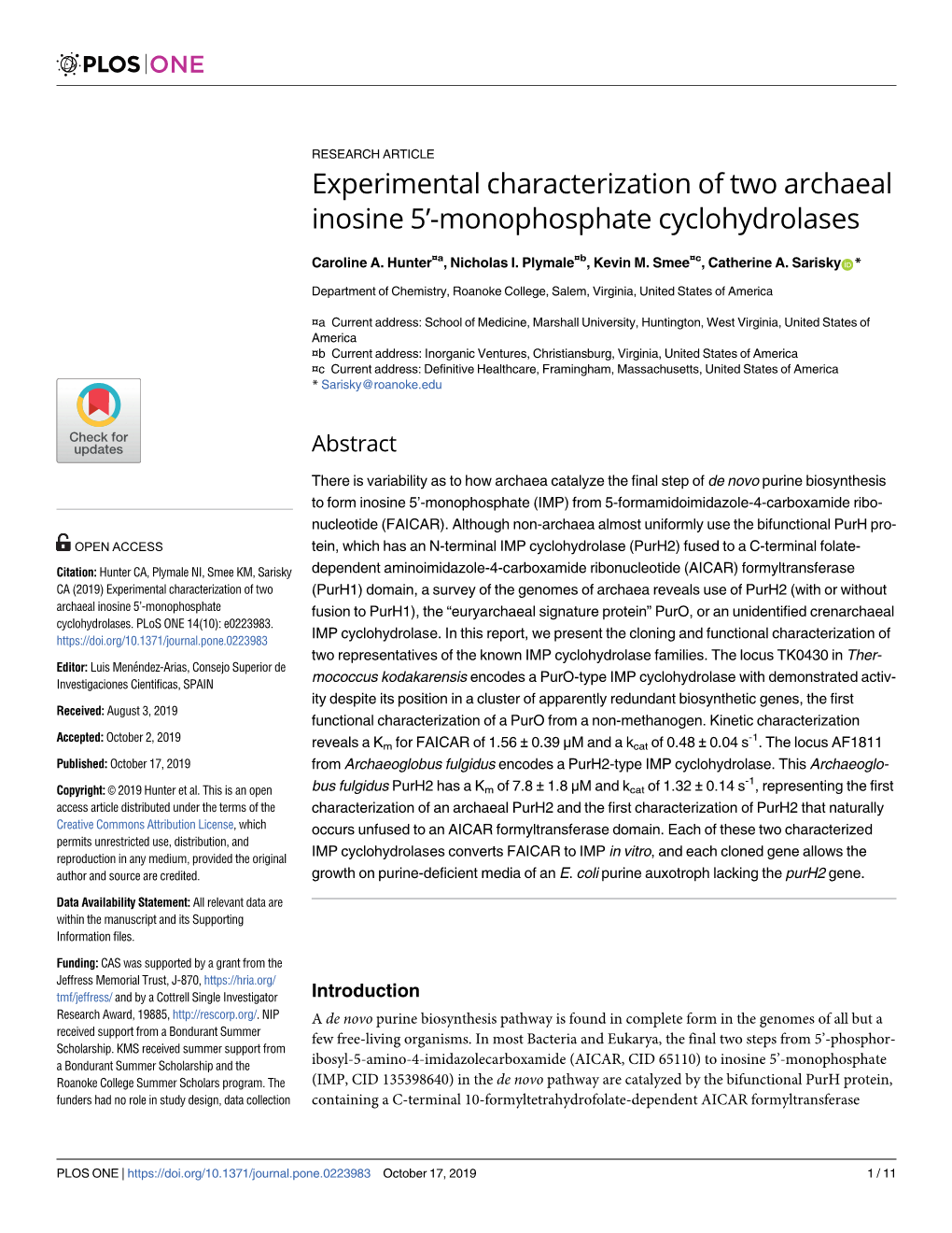 Experimental Characterization of Two Archaeal Inosine 5’-Monophosphate Cyclohydrolases