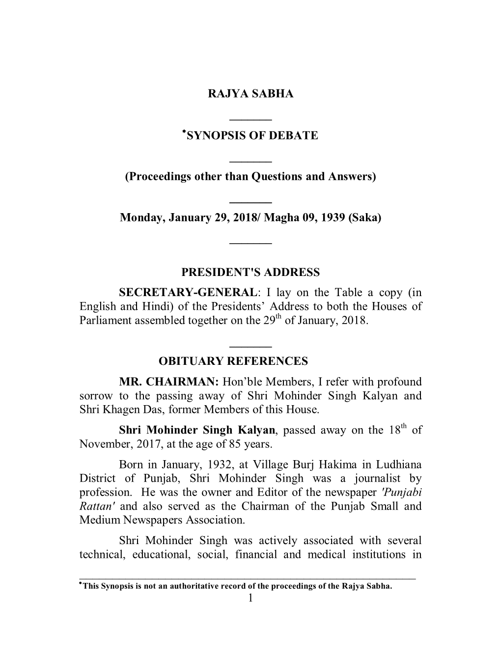 SYNOPSIS of DEBATE ______(Proceedings Other Than Questions and Answers) ______Monday, January 29, 2018/ Magha 09, 1939 (Saka) ______