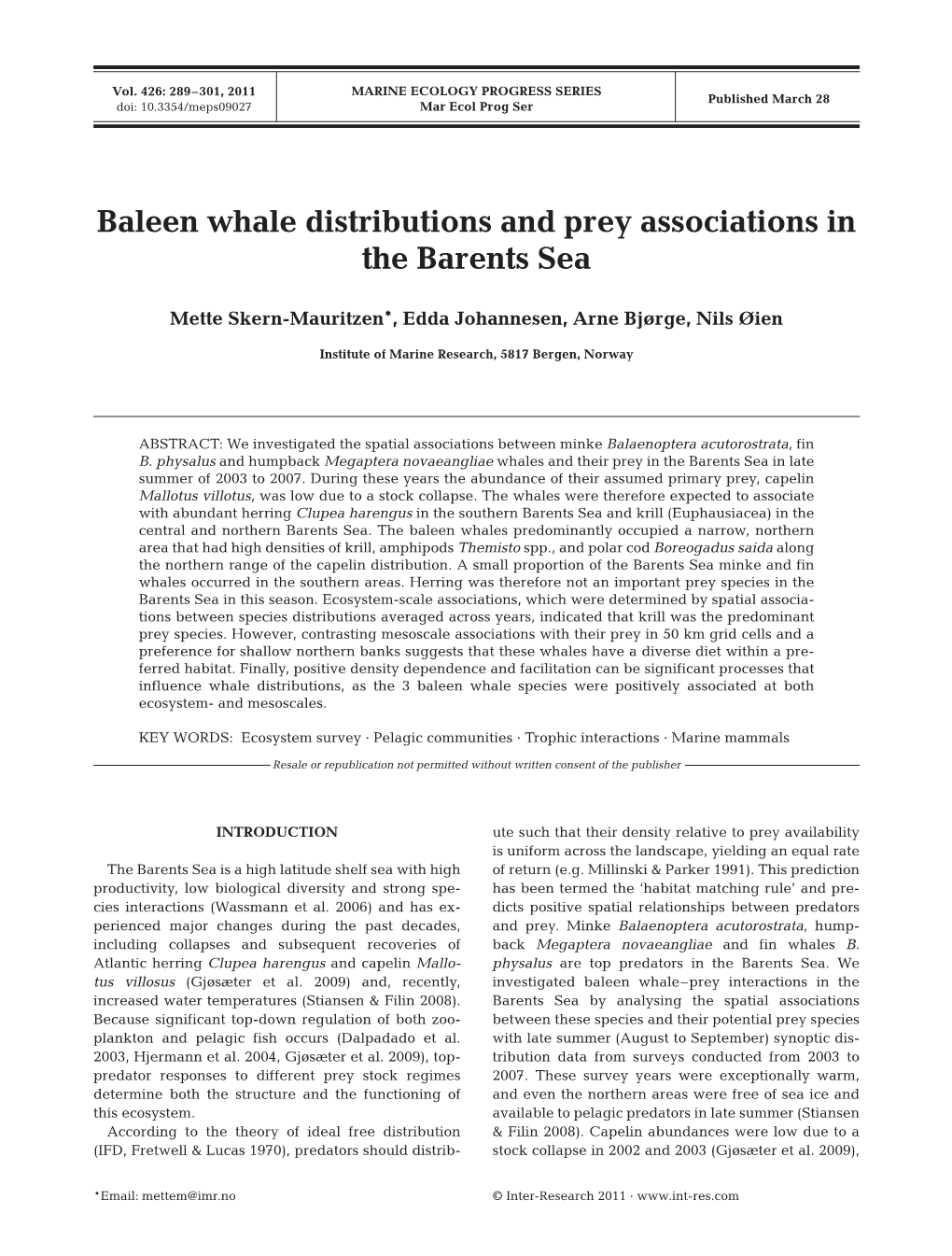 Baleen Whale Distributions and Prey Associations in the Barents Sea