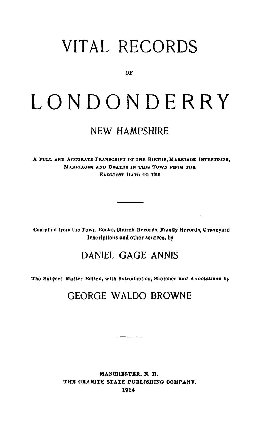 Vital Records of Londonderry, New Hampshire