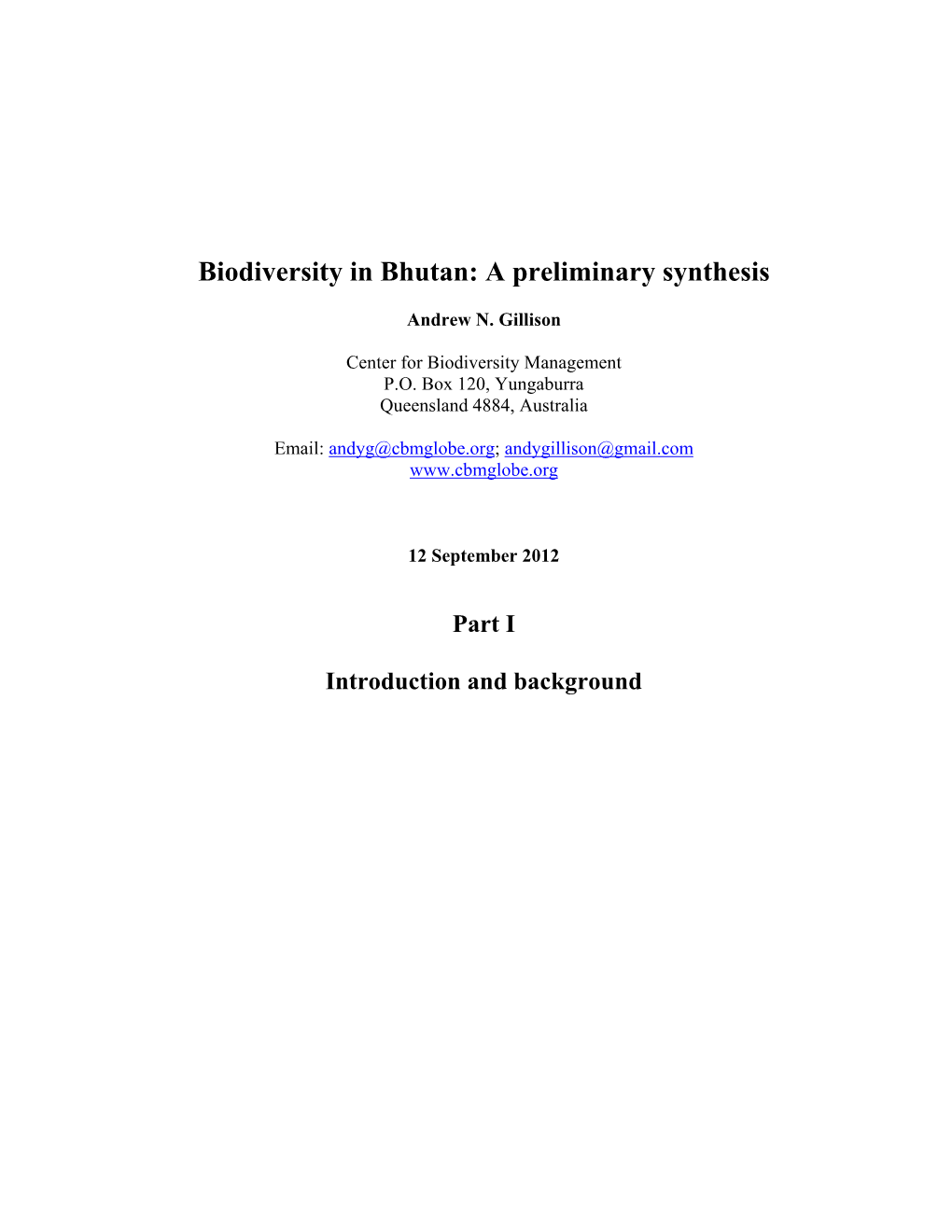 Biodiversity in Bhutan: a Preliminary Synthesis