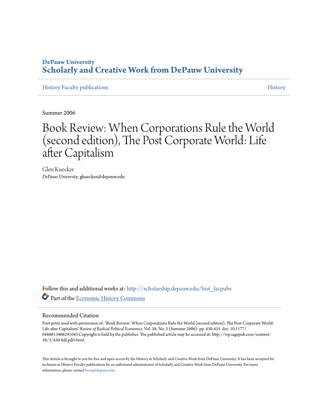 Book Review: When Corporations Rule the World (Second Edition), the Op St Corporate World: Life After Capitalism Glen Kuecker Depauw University, Gkuecker@Depauw.Edu