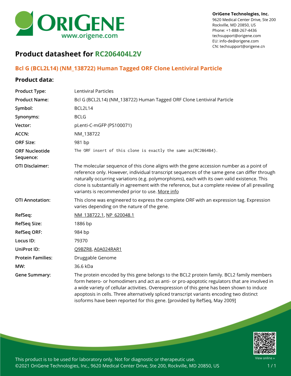 (BCL2L14) (NM 138722) Human Tagged ORF Clone Lentiviral Particle Product Data