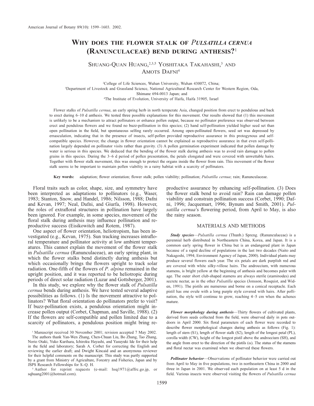 Why Does the Flower Stalk of Pulsatilla Cernua (Ranunculaceae) Bend During Anthesis?1