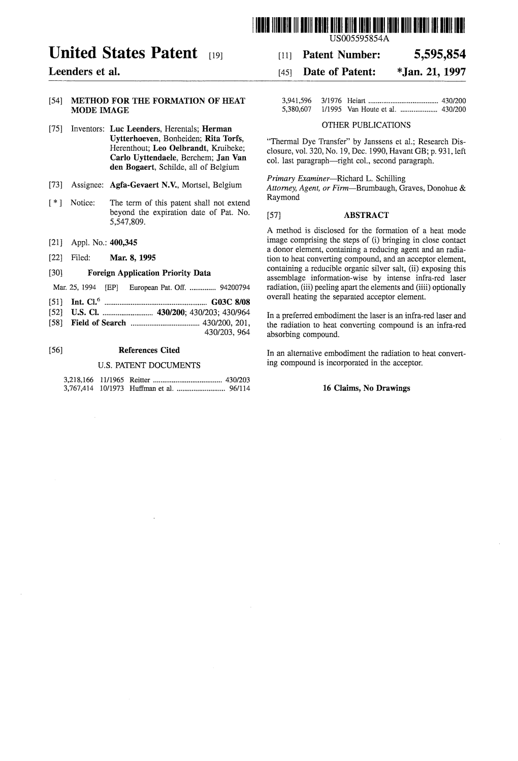 III IIII IIII USOO5595854A United States Patent (19) 11 Patent Number: 5,595,854 Leenders Et Al