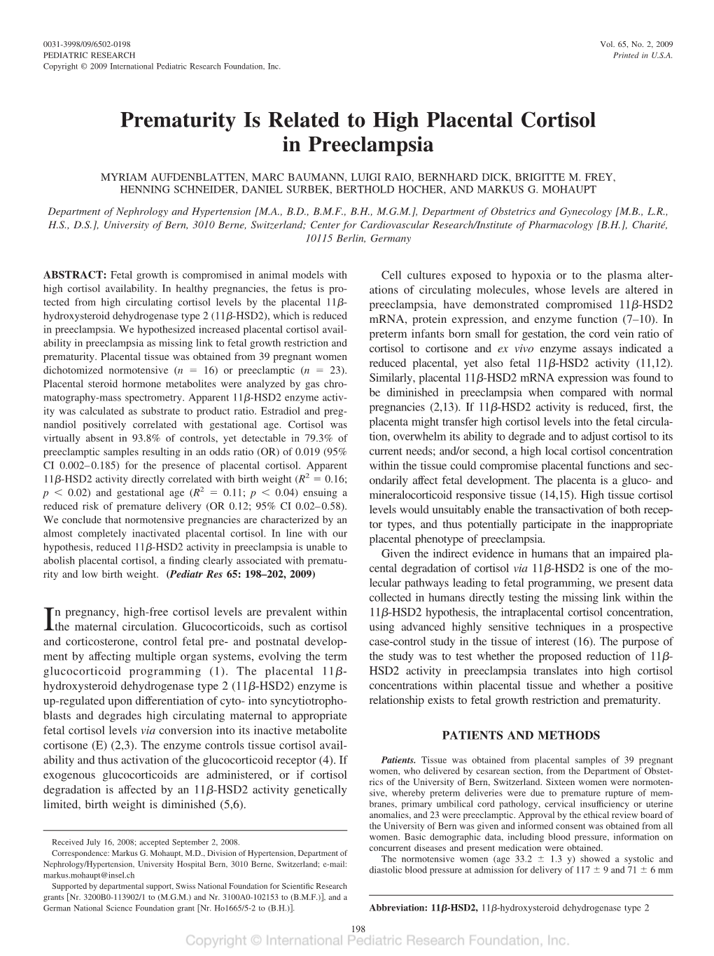 Prematurity Is Related to High Placental Cortisol in Preeclampsia