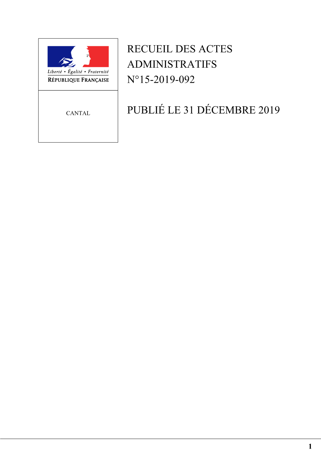 Recueil Des Actes Administratifs N°15-2019-092 Publié Le 31