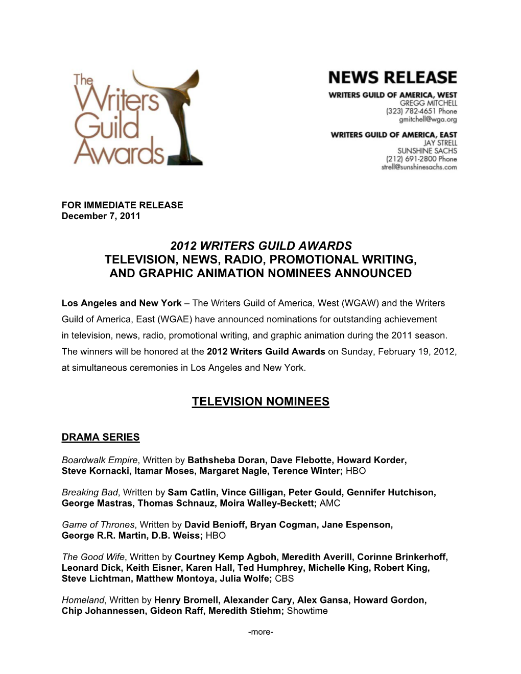 2012 Writers Guild Awards Television, News, Radio, Promotional Writing, and Graphic Animation Nominees Announced