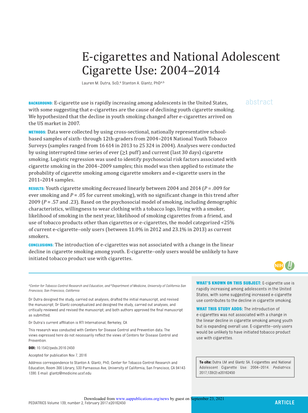 E-Cigarettes and National Adolescent Cigarette Use: 2004–2014 Lauren M