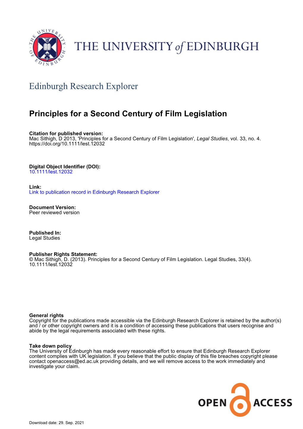 Principles for a Second Century of Film Legislation