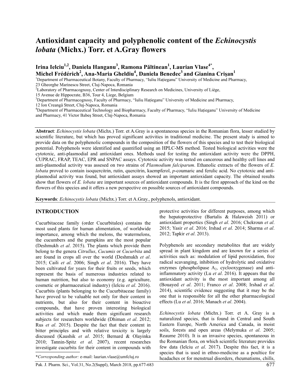 Antioxidant Capacity and Polyphenolic Content of the Echinocystis Lobata (Michx.) Torr