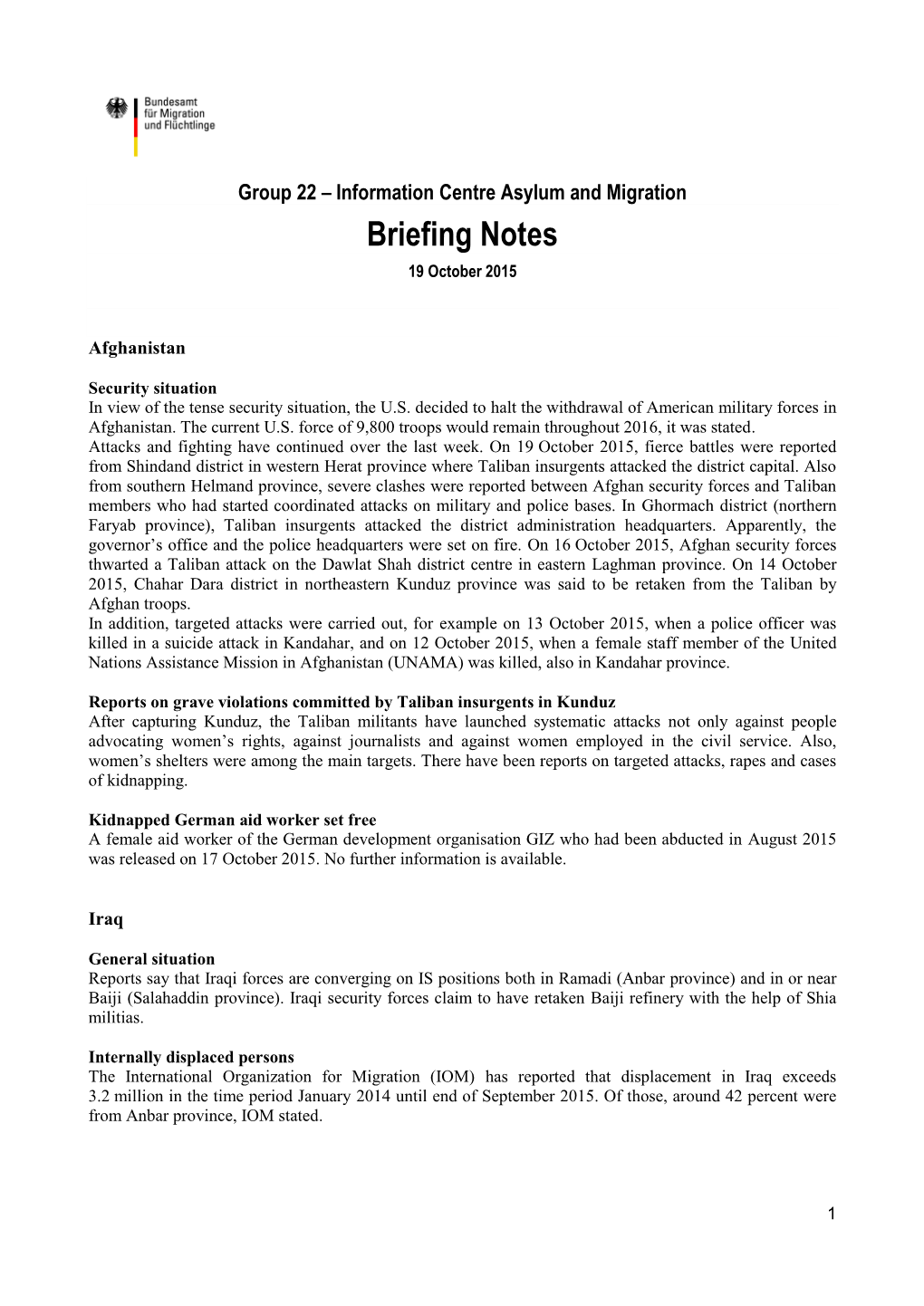 Briefing Notes 19 October 2015