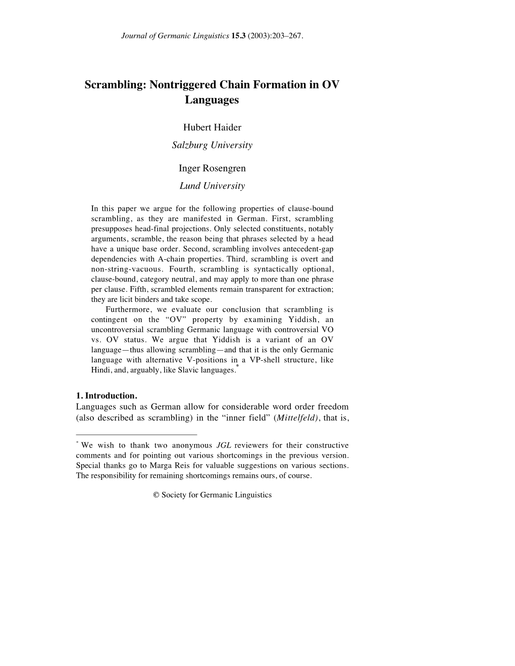 Scrambling: Nontriggered Chain Formation in OV Languages