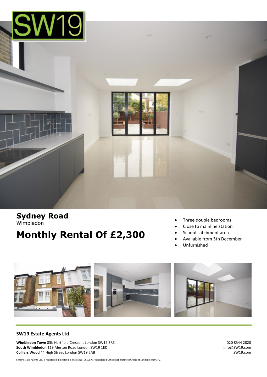 Monthly Rental of £2,300  Available from 5Th December  Unfurnished