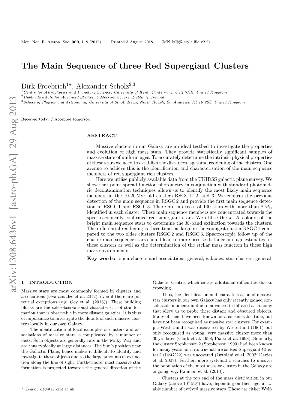 The Main Sequence of Three Red Supergiant Clusters