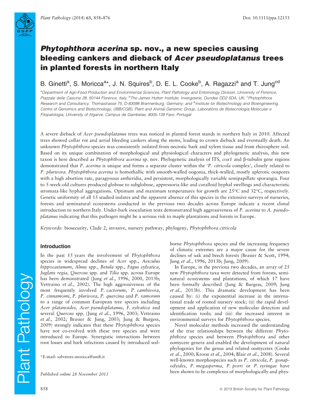 Phytophthora Acerina Sp. Nov., a New Species Causing Bleeding Cankers and Dieback of Acer Pseudoplatanus Trees in Planted Forests in Northern Italy