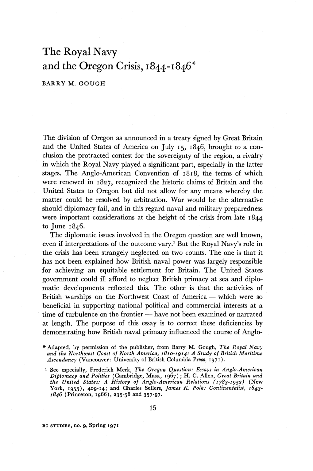 The Royal Navy and the Oregon Crisis, 1844-1846