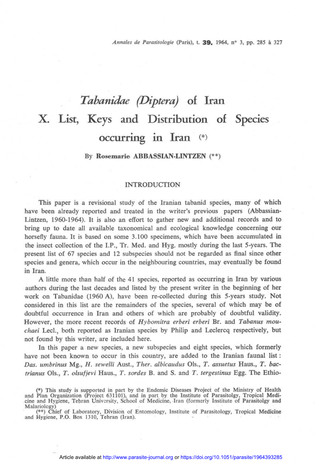 Tabanidae (Diptera) of Iran X. List, Keys and Distribution of Species Occurring in Iran(*)