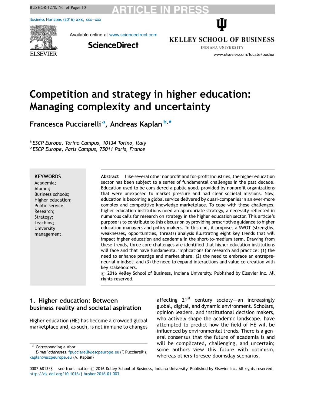 Competition and Strategy in Higher Education: Managing Complexity and Uncertainty 3