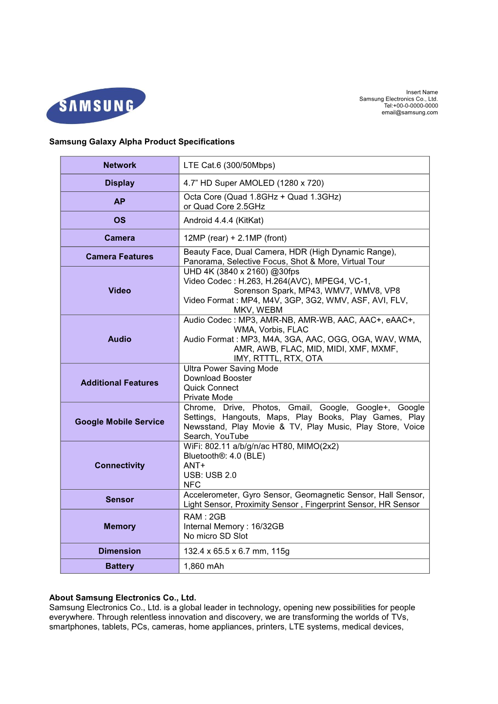 Samsung Galaxy Alpha Product Specifications Network LTE Cat.6