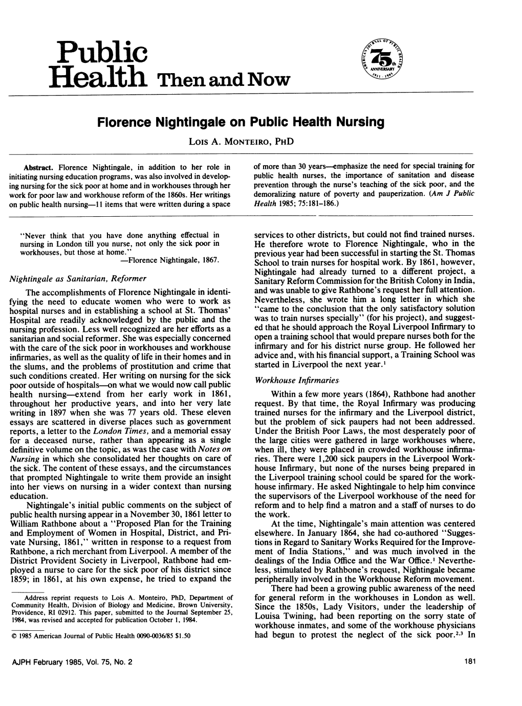 Florence Nightingale on Public Health Nursing