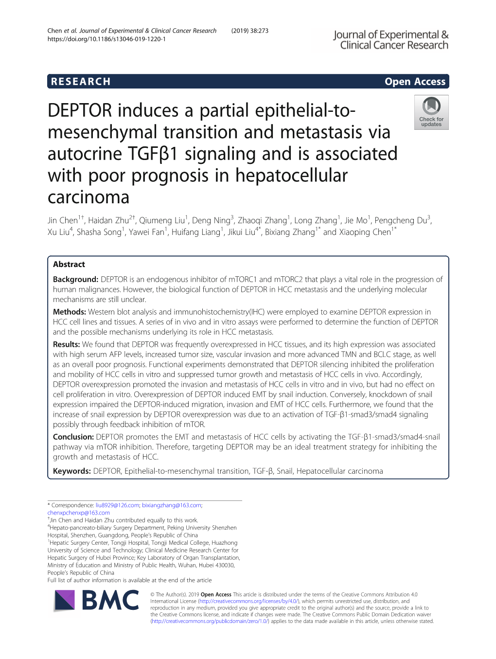 DEPTOR Induces a Partial Epithelial-To-Mesenchymal