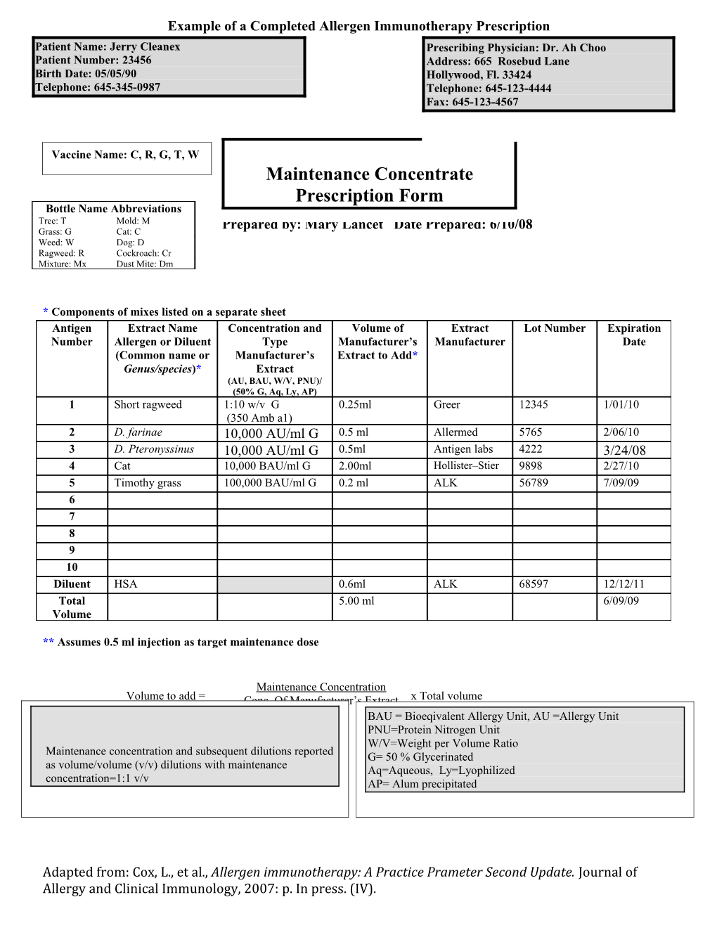 Example of a Completed Allergen Immunotherapy Prescription