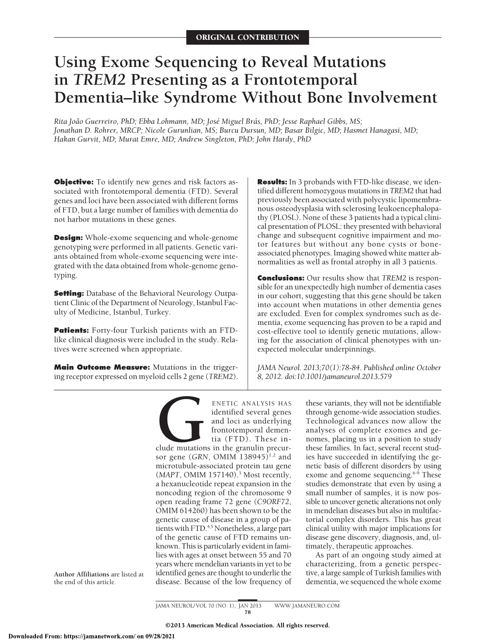 Using Exome Sequencing to Reveal Mutations in TREM2 Presenting As a Frontotemporal Dementia–Like Syndrome Without Bone Involvement