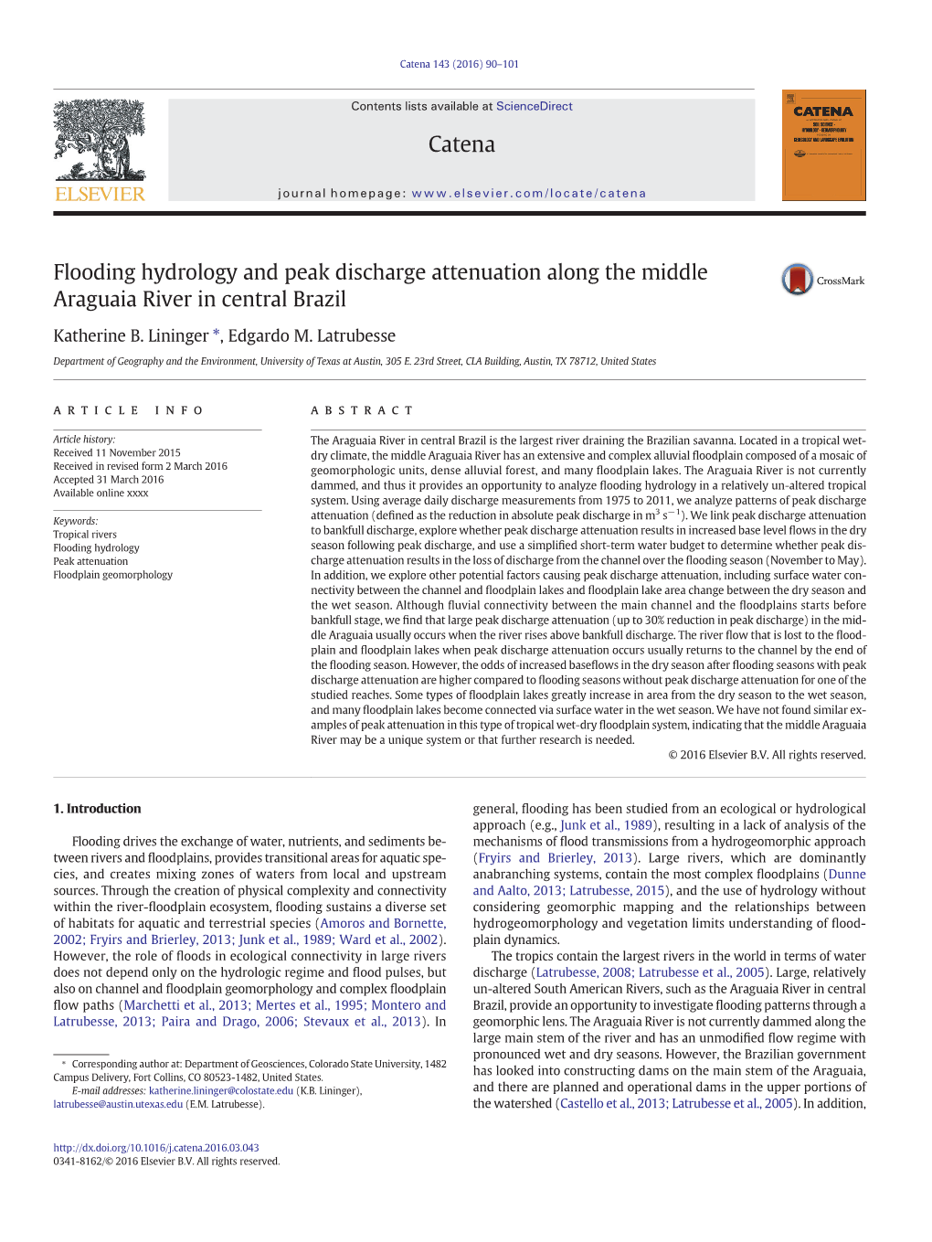 Flooding Hydrology and Peak Discharge Attenuation Along the Middle Araguaia River in Central Brazil