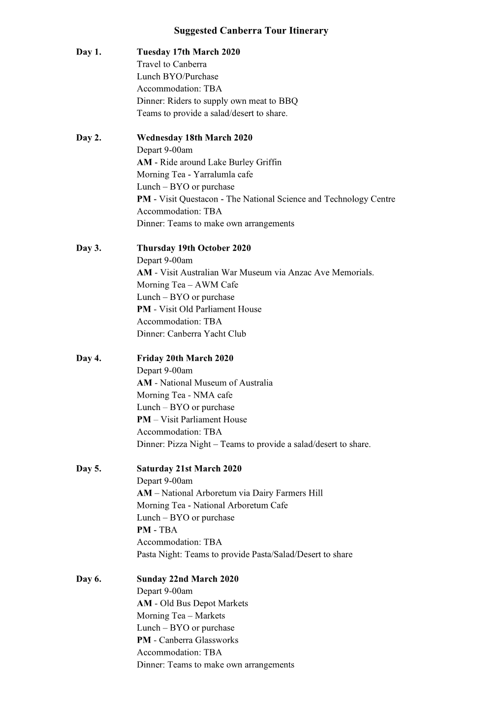 Suggested Canberra Tour Itinerary