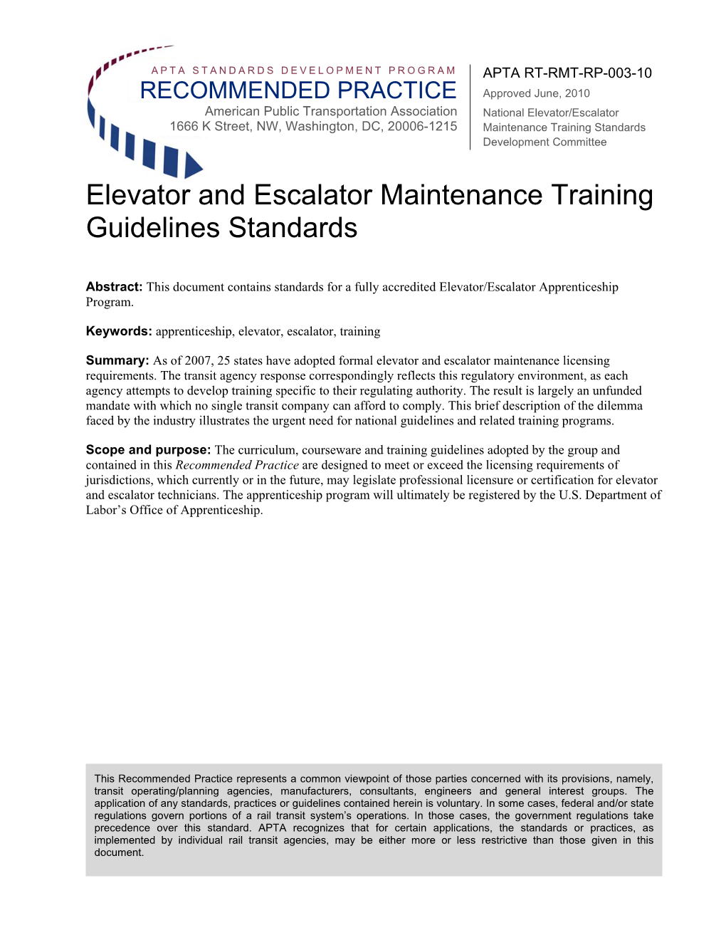 Elevator and Escalator Maintenance Training Guidelines Standards