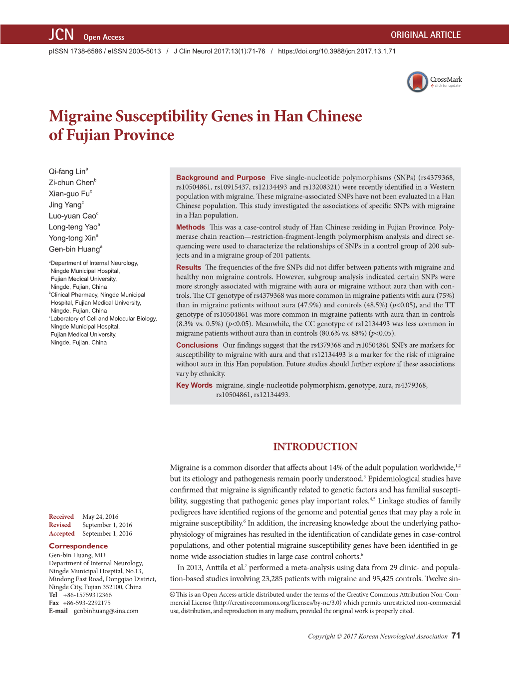 Migraine Susceptibility Genes in Han Chinese of Fujian Province