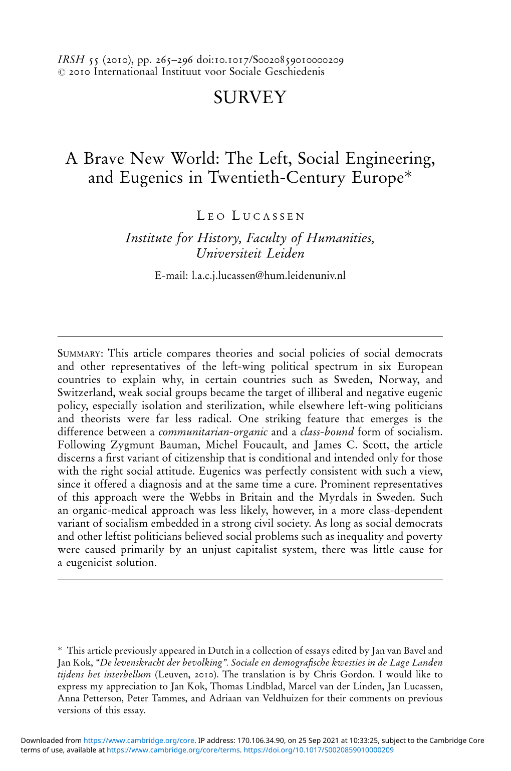 A Brave New World: the Left, Social Engineering, and Eugenics in Twentieth-Century Europe*