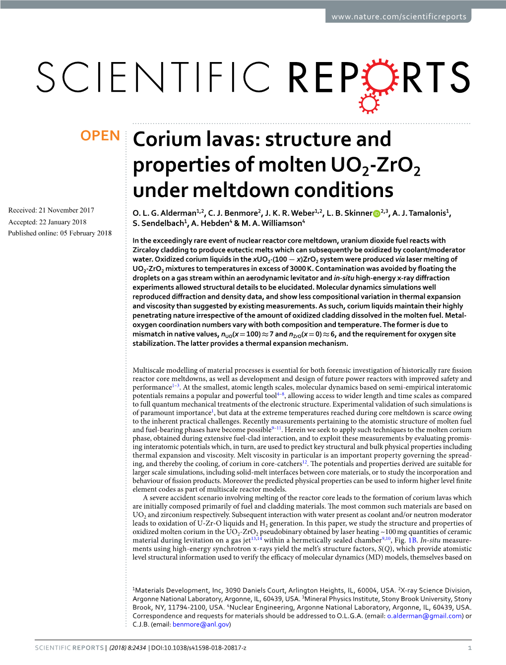 Corium Lavas: Structure and Properties of Molten UO2-Zro2 Under Meltdown Conditions Received: 21 November 2017 O