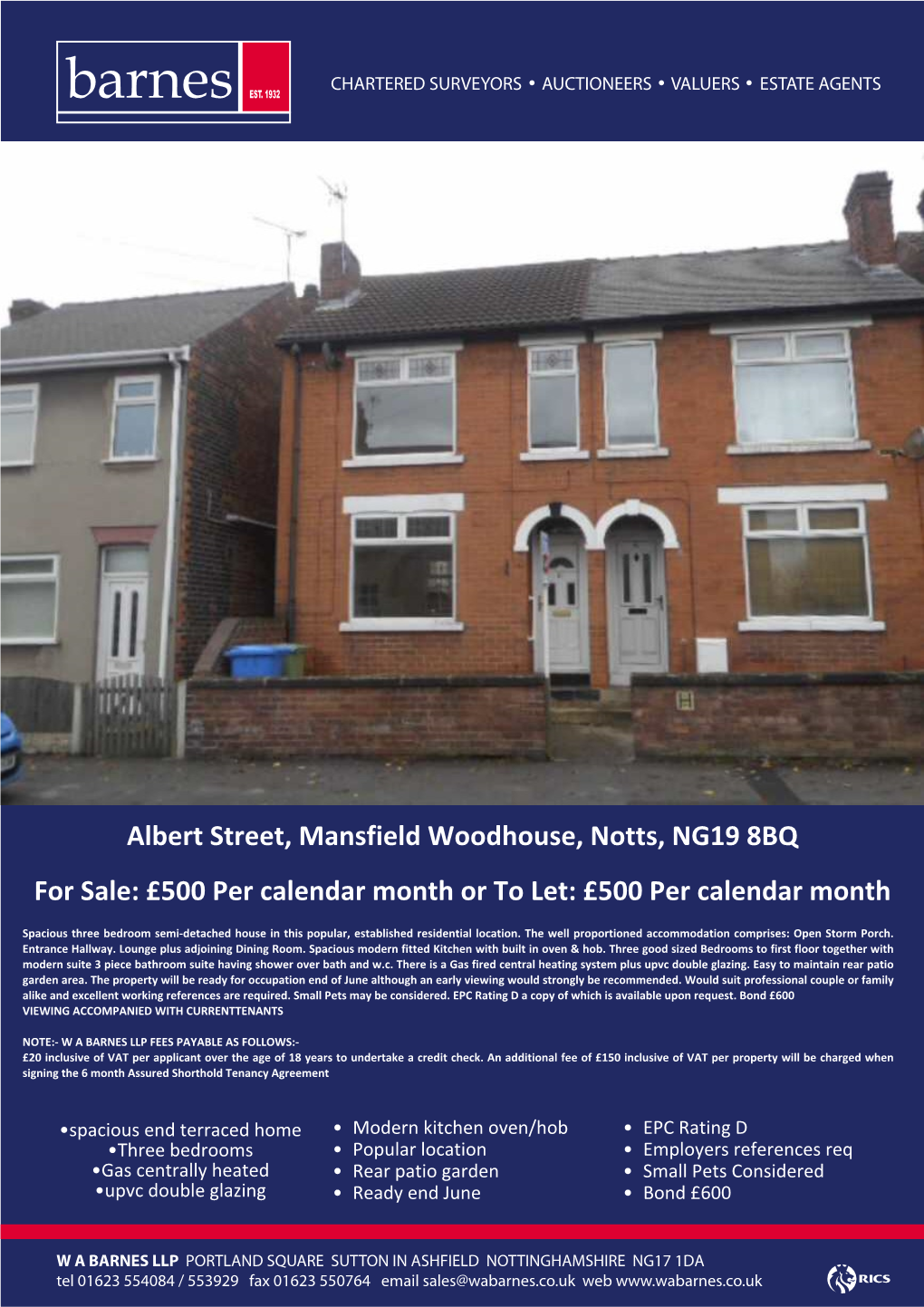 Albert Street, Mansfield Woodhouse, Notts, NG19 8BQ for Sale: £500 Per Calendar Month Or to Let: £500 Per Calendar Month