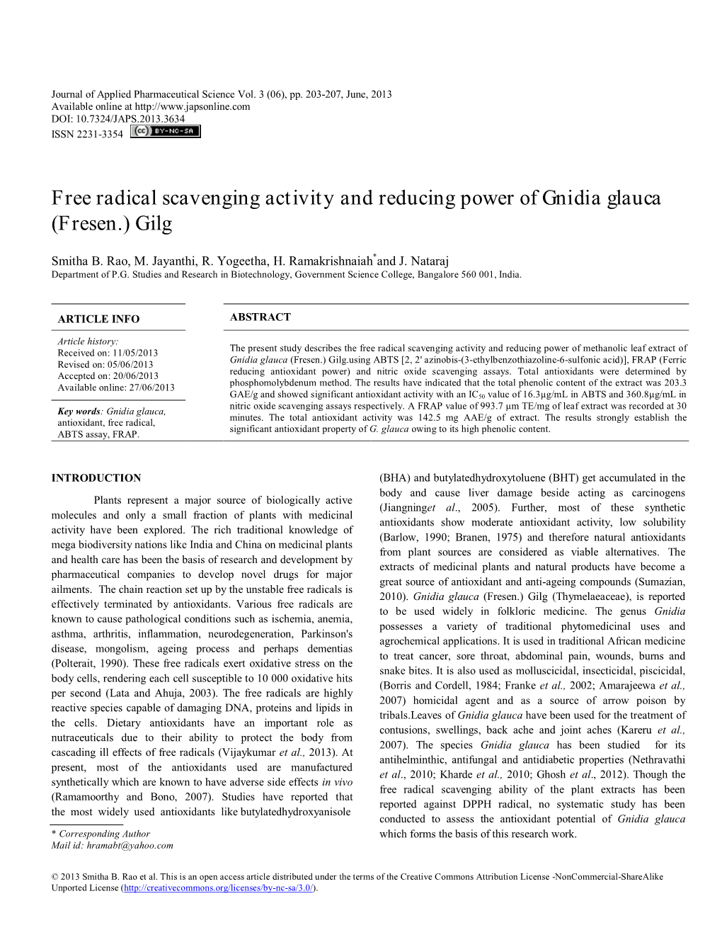 Free Radical Scavenging Activity and Reducing Power of Gnidia Glauca (Fresen.) Gilg