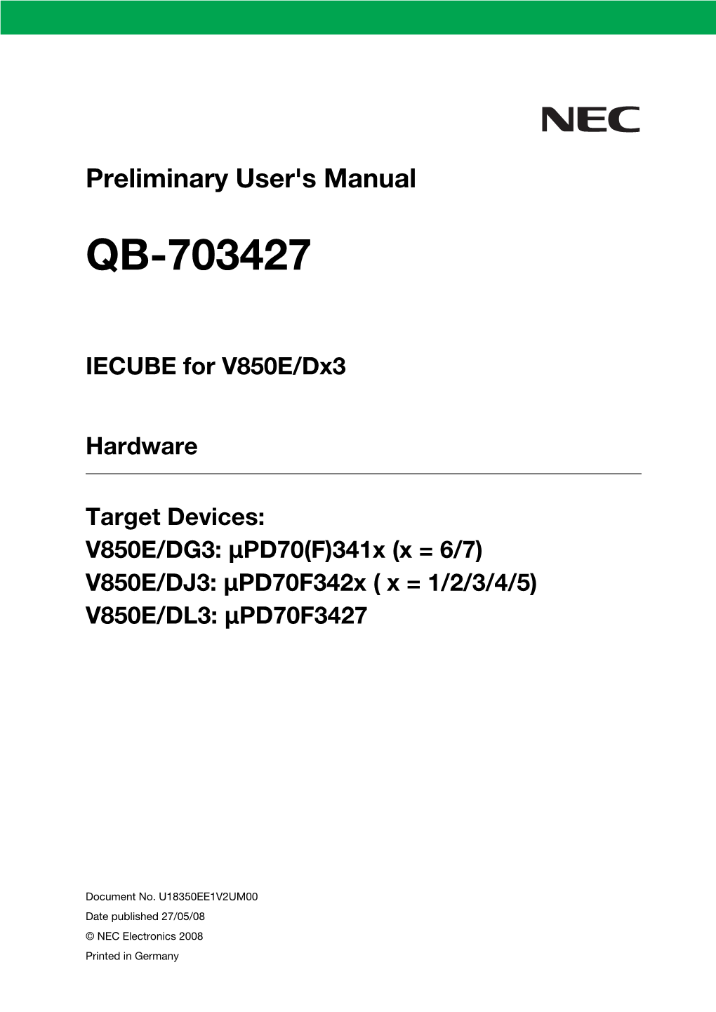 Preliminary User's Manual QB-703427 IECUBE for V850E/DL3