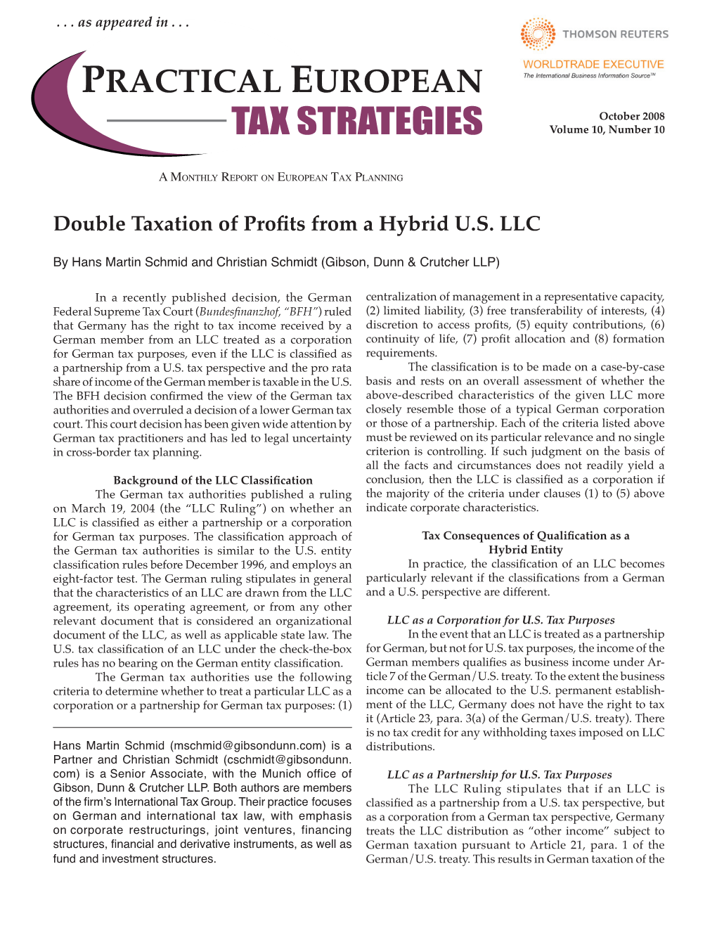 TAX STRATEGIES Volume 10, Number 10