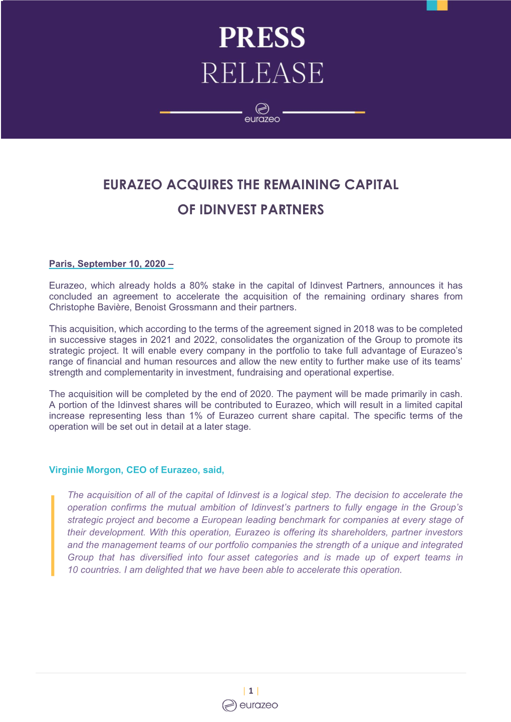 Eurazeo Acquires the Remaining Capital of Idinvest Partners