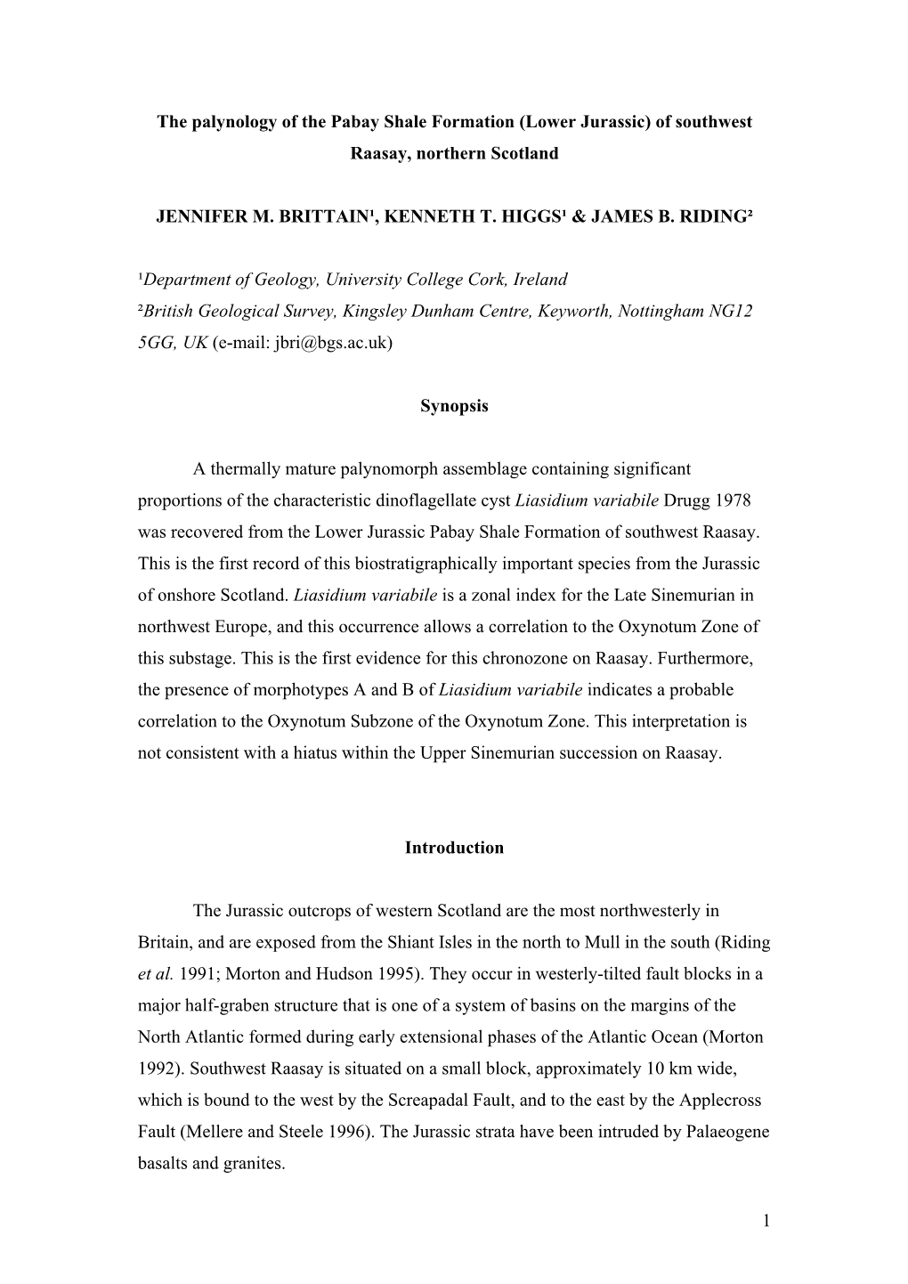 1 the Palynology of the Pabay Shale Formation (Lower Jurassic) Of