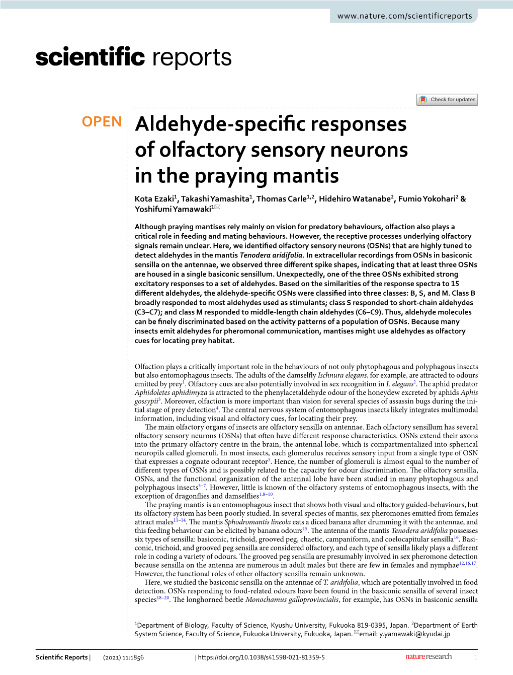 Aldehyde-Specific Responses of Olfactory Sensory Neurons in The