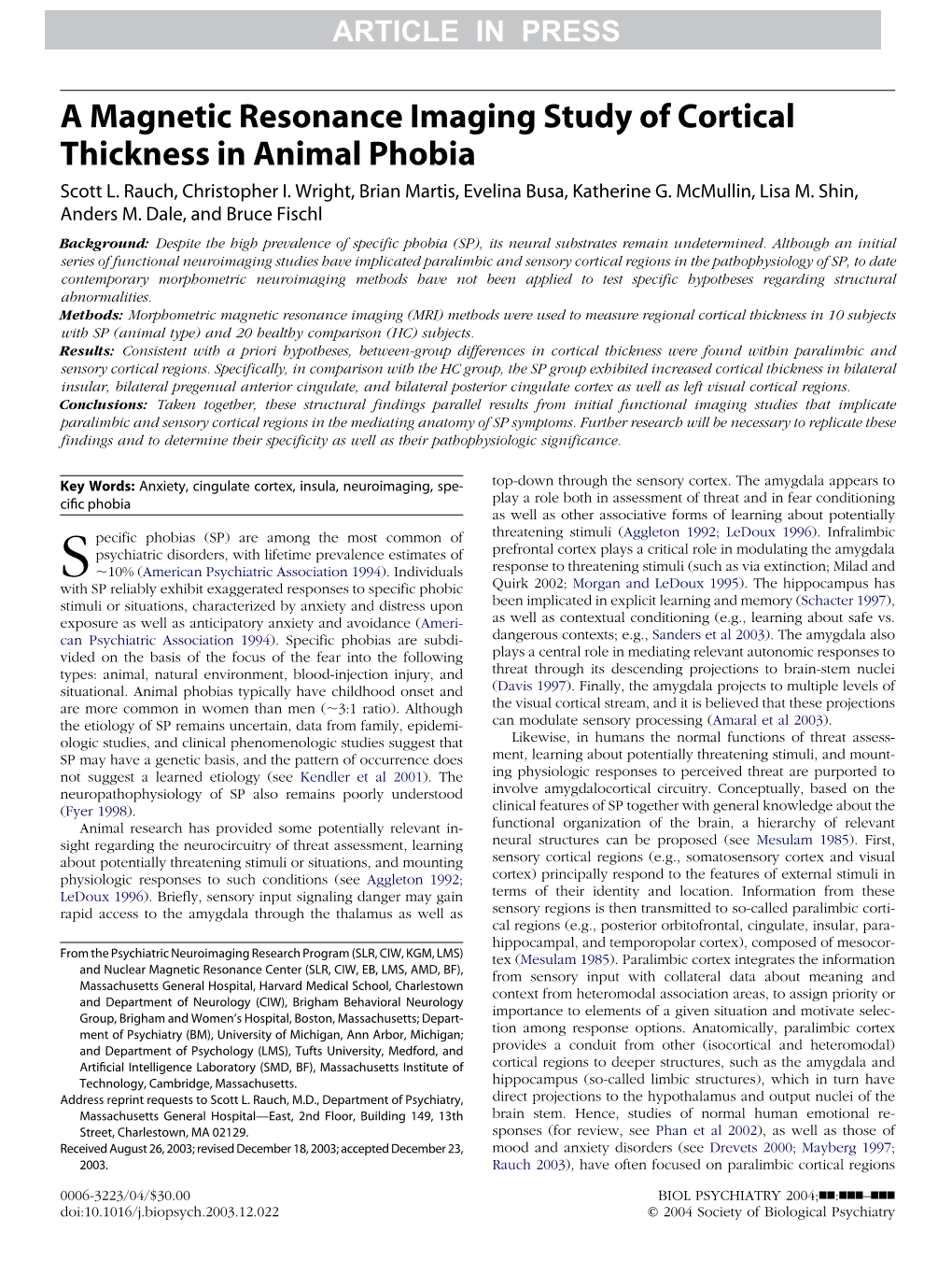 A Magnetic Resonance Imaging Study of Cortical Thickness in Animal Phobia Scott L