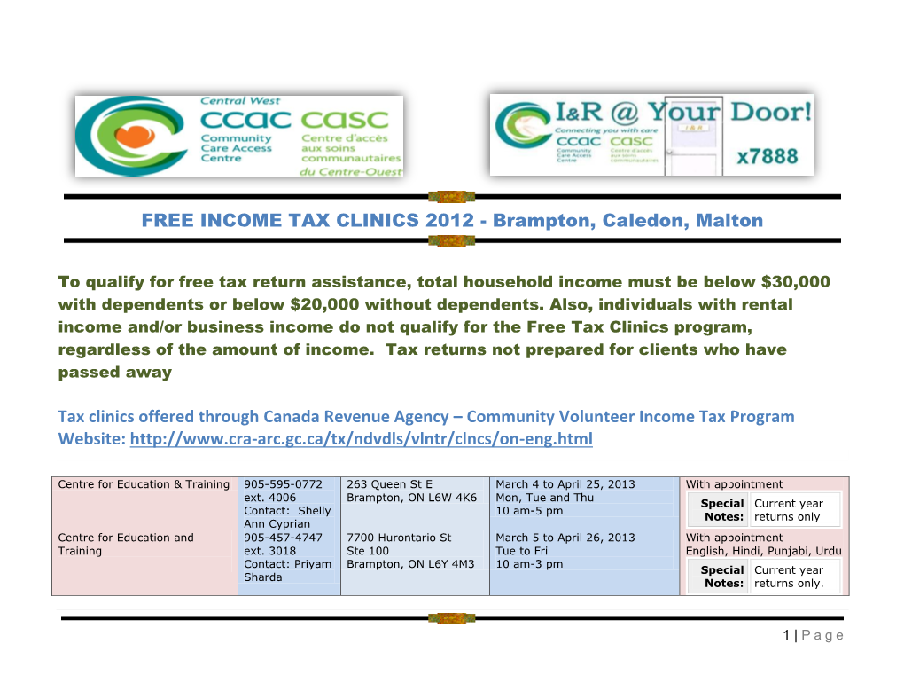 FREE INCOME TAX CLINICS 2012 - Brampton, Caledon, Malton